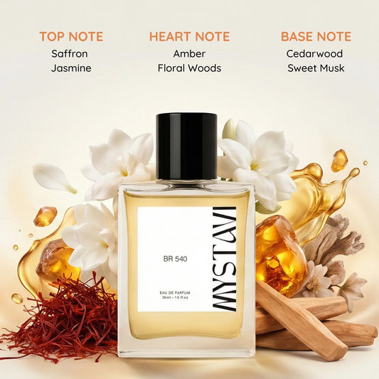 Mystavi BR 540 Saffron unisex eau de parfum with saffron, jasmine, amber, cedarwood and musk notes