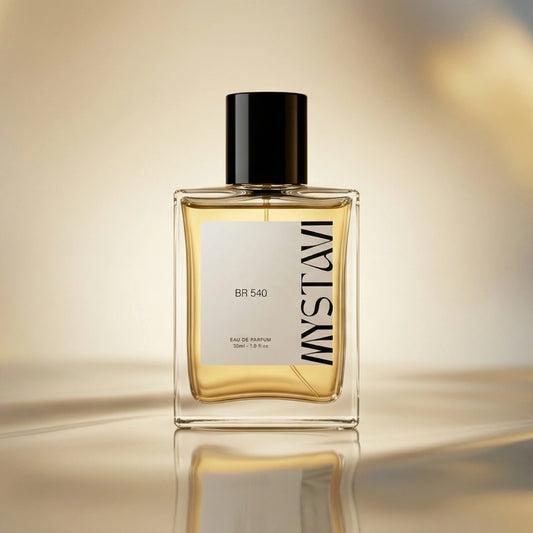 Saffron unisex eau de parfum bottle with gold label on reflective surface