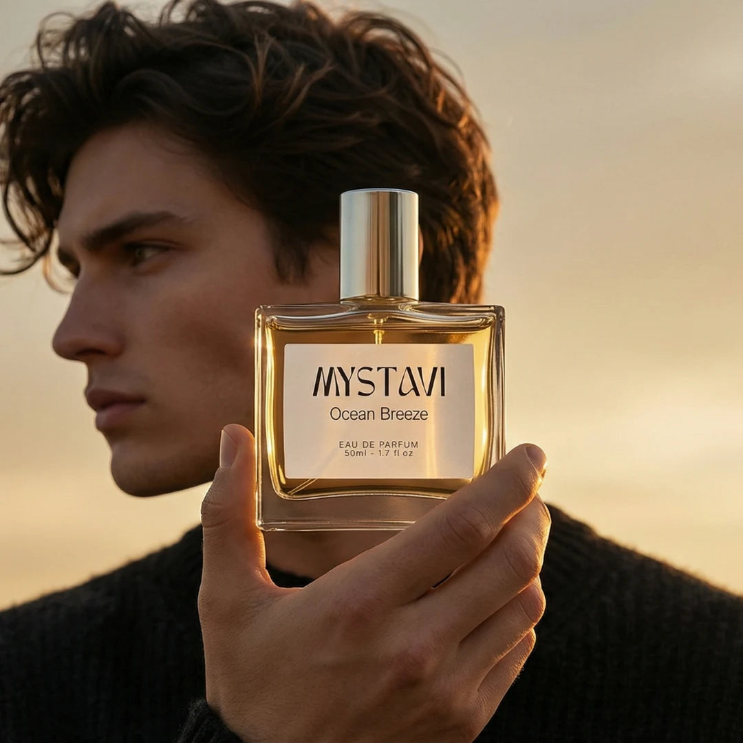 Person holding a Mystavi Ocean Breeze perfume bottle against a sunset background