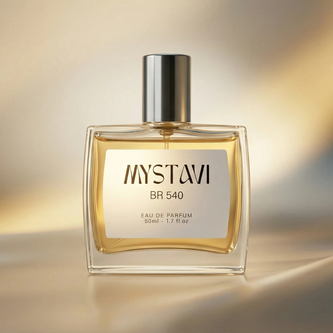 Mystavi BR 540 unisex eau de parfum bottle on soft gold gradient background