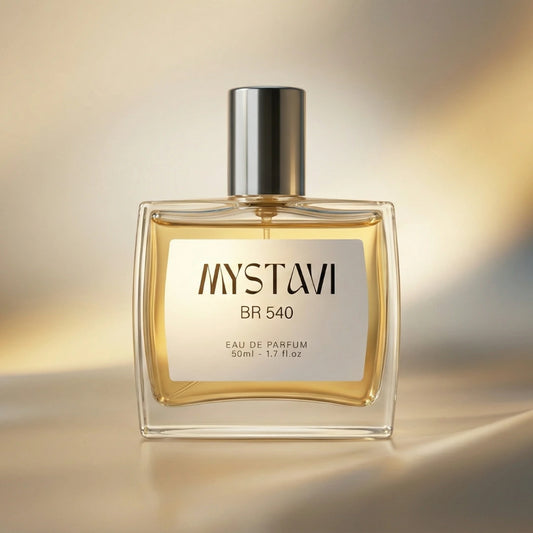 Mystavi BR 540 unisex eau de parfum bottle on soft gold gradient background